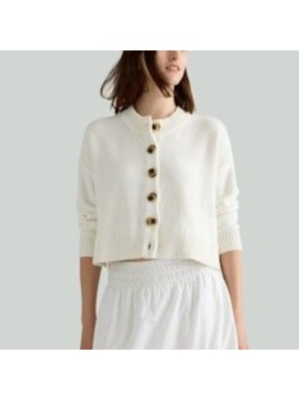 Quince Women Size S Cropped Organic Cotton Cardigan Ivory Tortoise-Shell Buttons